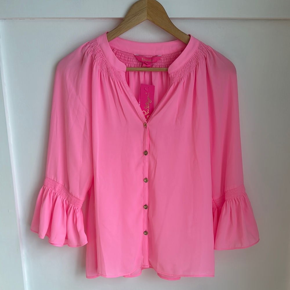 Lilly Pulitzer Pink Bell Sleeve Blouse with Mandarin Collar and Ruffled Style